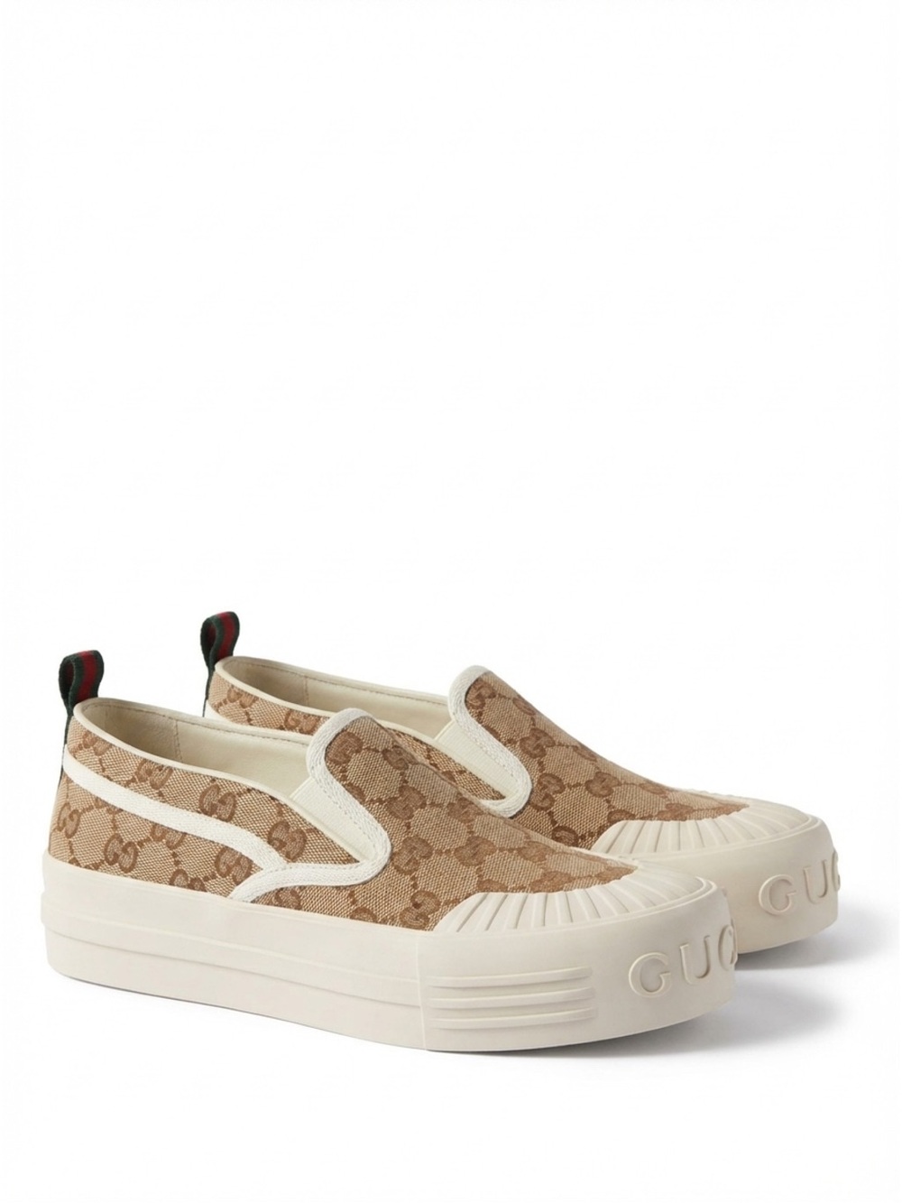 Gucci Beige GG Canvas Slip-On Sneakers with Web Stripe